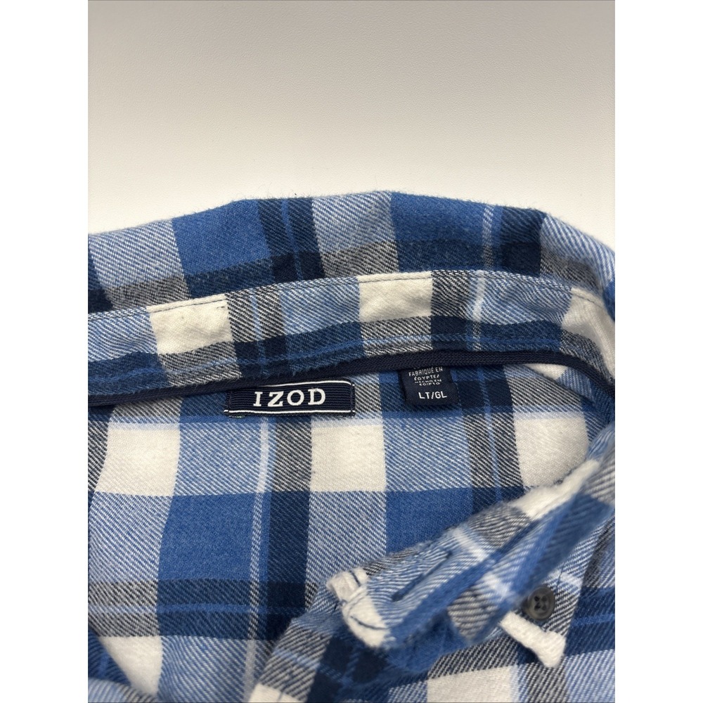 IZOD Blue Plaid Flannel Shirt‎ Mens  Size Large Tall Button Up Logo Pocket - Picture 4 of 12